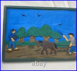 Hand Carved & Painted Relief Wood Panel Wall Hanging Signed P Szatkowski 17x12