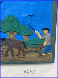 Hand Carved & Painted Relief Wood Panel Wall Hanging Signed P Szatkowski 17x12