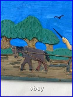 Hand Carved & Painted Relief Wood Panel Wall Hanging Signed P Szatkowski 17x12