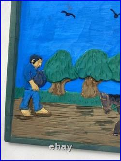 Hand Carved & Painted Relief Wood Panel Wall Hanging Signed P Szatkowski 17x12