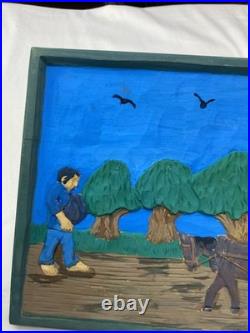 Hand Carved & Painted Relief Wood Panel Wall Hanging Signed P Szatkowski 17x12