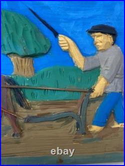 Hand Carved & Painted Relief Wood Panel Wall Hanging Signed P Szatkowski 17x12