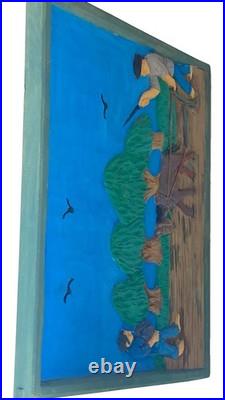 Hand Carved & Painted Relief Wood Panel Wall Hanging Signed P Szatkowski 17x12