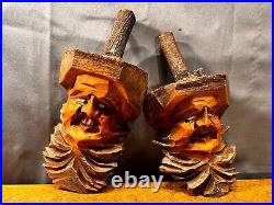 Hand Carved Pair of Wood Spirit Carvings Wall Hangings Unique Fairy Gnome Elf
