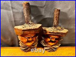 Hand Carved Pair of Wood Spirit Carvings Wall Hangings Unique Fairy Gnome Elf