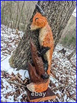 Hand Carved RED FOX Climbing Wall Art Display Wood Carving cabin decor chainsaw