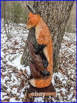 Hand Carved RED FOX Climbing Wall Art Display Wood Carving cabin decor chainsaw