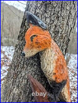 Hand Carved RED FOX Climbing Wall Art Display Wood Carving cabin decor chainsaw