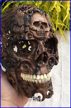 Hand Carved Sculpture Black Wood Human Size Skull Realistic flexible Jaws Unique