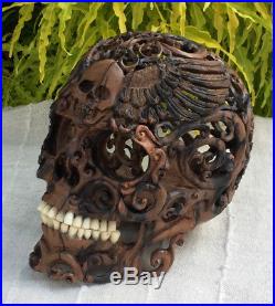 Hand Carved Sculpture Black Wood Human Size Skull Realistic flexible Jaws Unique