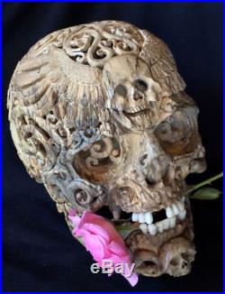 Hand Carved Sculpture Wood Human Filigree Skull Realistic flexible Jaws Decor