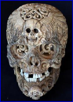 Hand Carved Sculpture Wood Human Filigree Skull Realistic flexible Jaws Decor