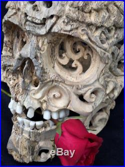 Hand Carved Sculpture Wood Human Skull Realistic with flexible Jaws Deco Rare