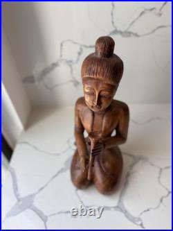 Hand Carved Teak Sawasdee Music Lady Statue, Thailand, Rare Vintage Asian Decor