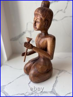 Hand Carved Teak Sawasdee Music Lady Statue, Thailand, Rare Vintage Asian Decor