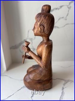 Hand Carved Teak Sawasdee Music Lady Statue, Thailand, Rare Vintage Asian Decor