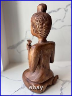 Hand Carved Teak Sawasdee Music Lady Statue, Thailand, Rare Vintage Asian Decor