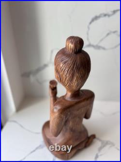 Hand Carved Teak Sawasdee Music Lady Statue, Thailand, Rare Vintage Asian Decor