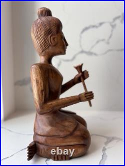 Hand Carved Teak Sawasdee Music Lady Statue, Thailand, Rare Vintage Asian Decor