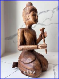 Hand Carved Teak Sawasdee Music Lady Statue, Thailand, Rare Vintage Asian Decor