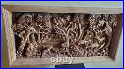 Hand Carved Teak Woodcarving Man with dog in woods