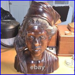 Hand Carved Wood Bust Sculpture of Balinese Women With Eyes Closed Singed W W