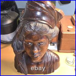 Hand Carved Wood Bust Sculpture of Balinese Women With Eyes Closed Singed W W