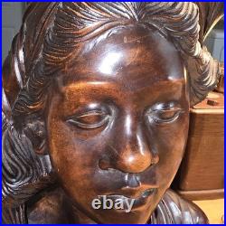 Hand Carved Wood Bust Sculpture of Balinese Women With Eyes Closed Singed W W