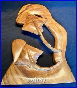 Hand Carved Wood Carving Wall Sculpture, Mom & Baby Sting Rays
