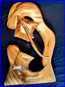 Hand Carved Wood Carving Wall Sculpture, Mom & Baby Sting Rays
