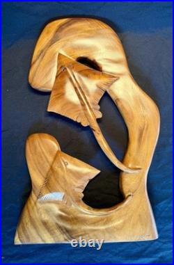 Hand Carved Wood Carving Wall Sculpture, Mom & Baby Sting Rays