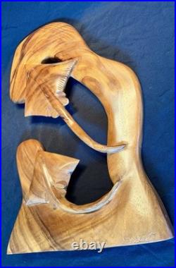 Hand Carved Wood Carving Wall Sculpture, Mom & Baby Sting Rays