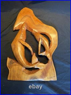 Hand Carved Wood Carving Wall Sculpture, Mom and Baby Whales Dancing Hand Carved Wood Carving Wall Sculpture, Mom and Baby Whales Dancing