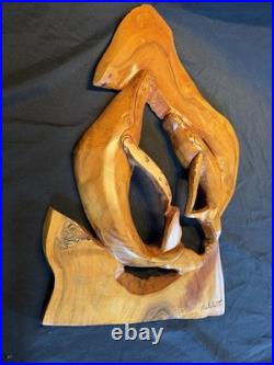 Hand Carved Wood Carving Wall Sculpture, Mom and Baby Whales Dancing