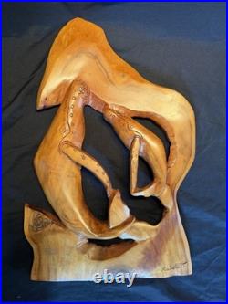 Hand Carved Wood Carving Wall Sculpture, Mom and Baby Whales Dancing