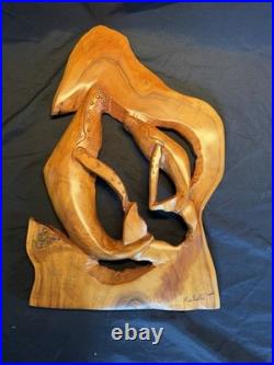 Hand Carved Wood Carving Wall Sculpture, Mom and Baby Whales Dancing