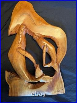 Hand Carved Wood Carving Wall Sculpture, Mom and Baby Whales Dancing