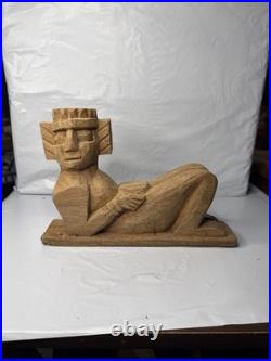 Hand Carved Wood Chac Mool Statue Mexican Aztec/Mayan God 9 1/2