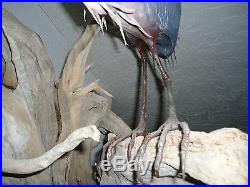 Hand Carved Wood Heron Snook Fish 40 Year Old Driftwood Sculpture Florida Keys