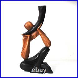 Hand Carved Wood Man with Horn Sculpture Figurine 15.25 T, Abstract Sculpture