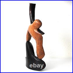 Hand Carved Wood Man with Horn Sculpture Figurine 15.25 T, Abstract Sculpture