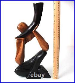 Hand Carved Wood Man with Horn Sculpture Figurine 15.25 T, Abstract Sculpture