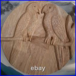 Hand-Carved Wood Relief (12) Two Birds on a Branch Rustic Round Wall Art
