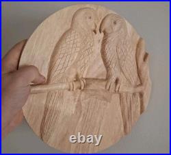 Hand-Carved Wood Relief (12) Two Birds on a Branch Rustic Round Wall Art