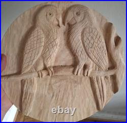 Hand-Carved Wood Relief (12) Two Birds on a Branch Rustic Round Wall Art