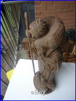 Hand Carved Wood Sculpture Statue Of The Good Shepherd With Three Lambs 19.5'