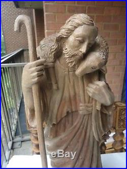 Hand Carved Wood Sculpture Statue Of The Good Shepherd With Three Lambs 19.5'