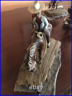 Hand Carved Wood Walnut Horse And Cowboy Statue Great For Desk Or Collection