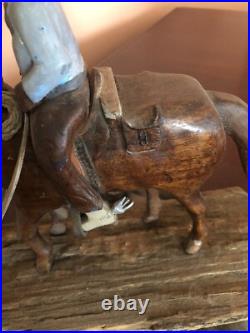 Hand Carved Wood Walnut Horse And Cowboy Statue Great For Desk Or Collection Hand Carved Wood Walnut Horse And Cowboy Statue Great For Desk Or Collection