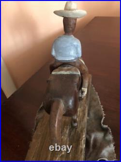 Hand Carved Wood Walnut Horse And Cowboy Statue Great For Desk Or Collection